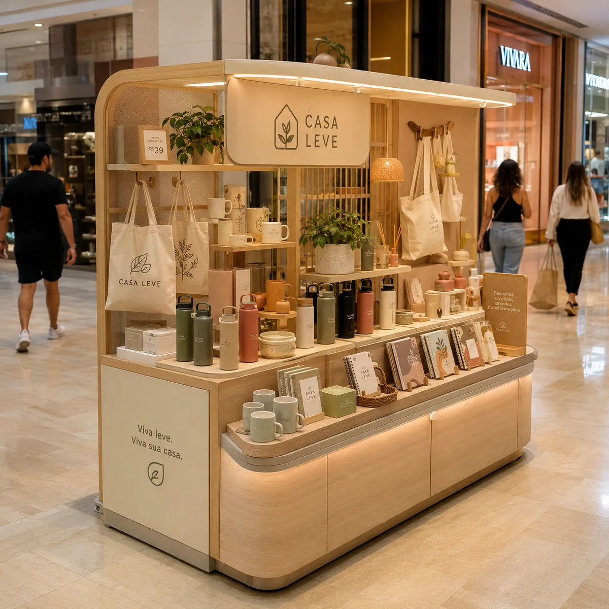 Quiosque de produtos para casa instalado em corredor de shopping